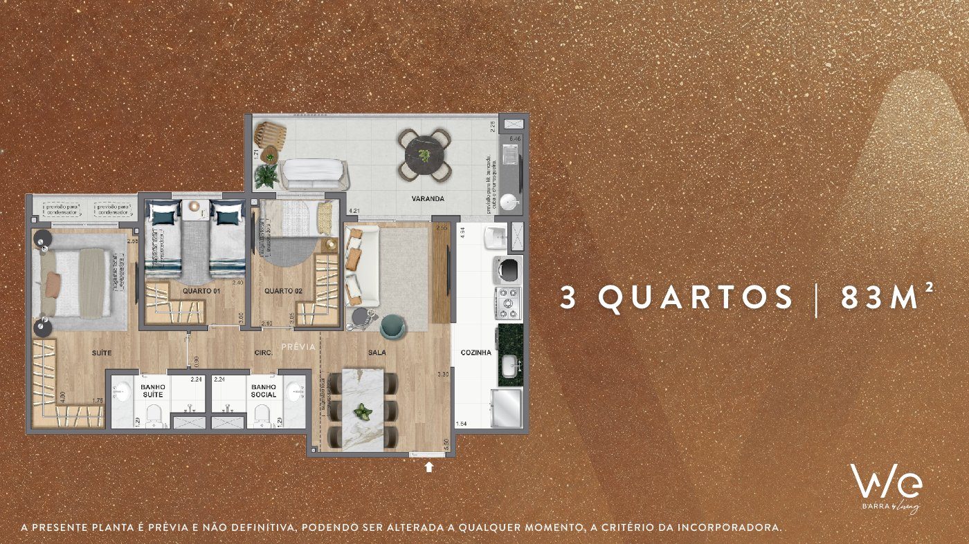 3 Quartos 83m²